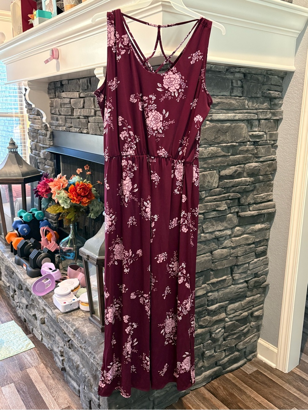 Maurices Burgundy Maxi Dress with Light Pink Floral Print